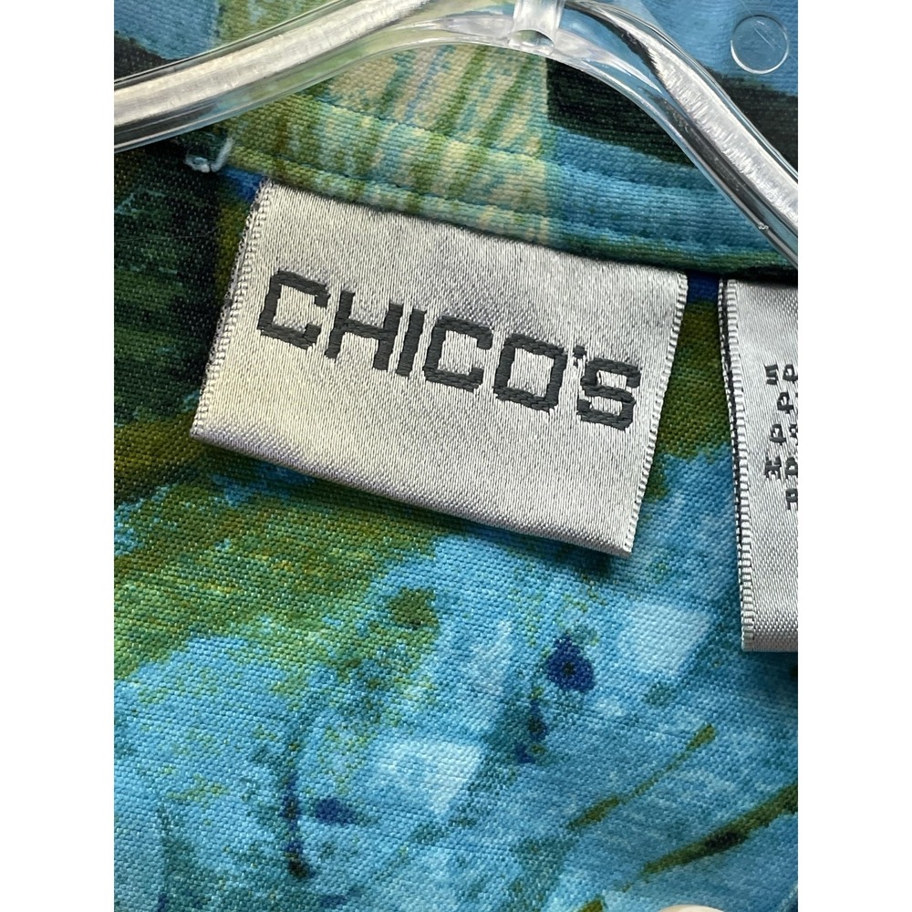 Chico's Jacket Womens 2 Blue Floral Short Basic Jacket Collared Pockets - Picture 2 of 8